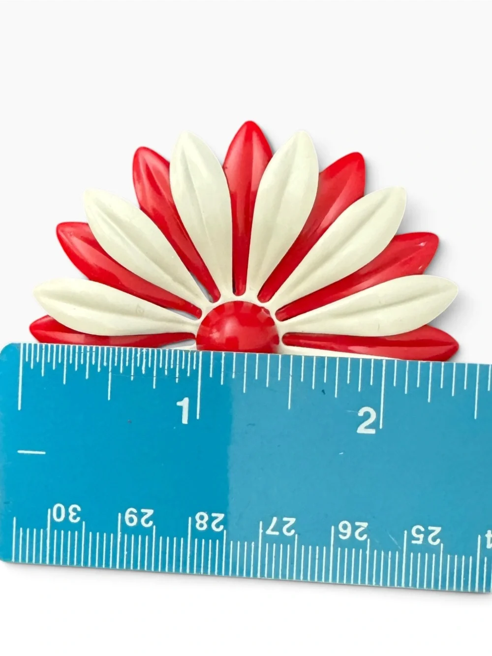60s Vintage 70s Flower Pin Red White Peppermint Enamel Metal Mod Brooch 2.5”